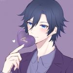  1boy black_hair blue_eyes blush checkered checkered_shirt closed_mouth commentary_request face hair_between_eyes hand_up hasu_(selisa) heart highres holding_heart ichinose_tokiya jacket long_sleeves looking_at_viewer male_focus purple_background purple_eyes purple_jacket purple_shirt purple_theme shirt simple_background smile solo uta_no_prince-sama 