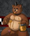  2016 animatronic anthro balls belly bodily_fluids clothing eating erection five_nights_at_freddy&#039;s genital_fluids genitals hat headgear headwear honey machine male mammal moobs navel oseterollicete overweight overweight_anthro overweight_male penis precum robot smoosho solo tongue tongue_out ursid video_games 