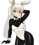  1girl absurdres animal_ears arm_support black_bodysuit blue_eyes bodysuit breasts bunny_ears bunnysuit closed_mouth eyebrows_visible_through_hair hair_between_eyes hand_behind_head highres leotard long_hair sidelocks simple_background smile solo sookmo standing twintails white_background white_leotard 