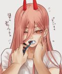  +_+ 1girl bangs blush breasts brushing_teeth chainsaw_man collarbone commentary_request crosshair_pupils demon_girl demon_horns eyebrows_visible_through_hair fangs hair_between_eyes half-closed_eyes hand_on_another&#039;s_face holding_toothbrush horns hoshi_san_3 long_hair looking_at_viewer looking_to_the_side open_mouth pink_hair power_(chainsaw_man) red_horns sharp_teeth shirt short_sleeves sidelocks simple_background solo teeth toothbrush toothbrush_in_mouth very_long_hair white_background white_shirt 