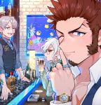 3boys beard blue_eyes chest cup drinking_glass edmond_dantes_(fate/grand_order) facial_hair fate/grand_order fate_(series) finger_to_mouth formal glasses gray_collar_(fate/grand_order) grey_hair james_moriarty_(fate/grand_order) jewelry long_hair long_sleeves looking_at_another male_focus multiple_boys muscle mustache napoleon_bonaparte_(fate/grand_order) open_mouth ring scar shitappa shushing sitting smile watch white_day 