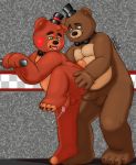  2016 anal animatronic anthro brown_body clothing duo five_nights_at_freddy&#039;s genitals hat headgear headwear hi_res humanoid_genitalia humanoid_hands humanoid_penis machine male male/male mammal oseterollicete overweight overweight_male penis robot sex smoosho tongue tongue_out ursid video_games 
