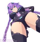  1girl arms_behind_back ass blue_eyes bodysuit braid breasts cleavage cleavage_cutout commentary_request covered_navel deviantart_username english_commentary hair_ornament highres jyu_ichi large_breasts leotard long_hair looking_at_viewer looking_down navel neptune_(series) patreon_username purple_hair purple_heart simple_background solo standing symbol-shaped_pupils thighhighs tied_hair twin_braids white_background 