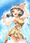  1girl ;d animal_ears bare_arms blue_sky blush breasts cat_ears cowboy_shot dress facial_mark from_below highres medium_breasts niyah one_eye_closed open_mouth rain_drop_(artist) short_hair silver_hair sky smile solo splashing swimsuit water xenoblade_(series) xenoblade_2 yellow_dress yellow_swimsuit 