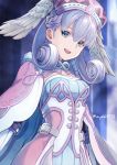  1girl blue_eyes breasts cape hat head_wings looking_at_viewer medium_breasts melia mzkk_1826 open_mouth silver_hair smile solo twitter_username upper_body xenoblade_(series) xenoblade_1 