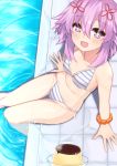  1girl blush breasts dura eyebrows_visible_through_hair food hair_ornament highres looking_at_viewer navel neptune_(neptune_series) neptune_(series) open_mouth poolside pudding purple_eyes purple_hair scrunchie short_hair sitting small_breasts smile solo star-shaped_pupils star_(symbol) swimsuit symbol-shaped_pupils wet wrist_scrunchie 