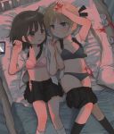  2girls bed blonde_hair blood blood_on_face bloody_hands bloody_weapon blush bra brown_eyes brown_hair clock hair_ribbon highres holding_hands hozonsui interlocked_fingers kill_me_baby knife long_hair multiple_girls necktie open_clothes open_mouth oribe_yasuna panties ribbon school_uniform short_hair skirt sonya_(kill_me_baby) twintails underwear weapon yuri 
