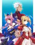  1boy 2girls absurdres ahoge animal_ear_fluff animal_ears archer artist_request bare_shoulders blonde_hair blue_kimono blue_legwear blue_ribbon braid breasts brown_eyes cleavage commentary commentary_request dark_skin dark_skinned_male detached_sleeves dress epaulettes fate/extella fate/extra fate/extra_record fate/grand_order fate_(series) fox_ears fox_girl fox_tail french_braid green_eyes hair_bun hair_intakes hair_ribbon highres japanese_clothes kimono large_breasts leotard lock multiple_girls nero_claudius_(fate) nero_claudius_(fate)_(all) one_eye_closed open_mouth padlock pink_hair red_dress ribbon see-through shirt tail tamamo_(fate)_(all) tamamo_no_mae_(fate) type-moon white_hair white_shirt yellow_eyes 