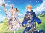  1girl 2boys :d arm_up arthur_pendragon_(fate) artoria_pendragon_(all) black_bow blonde_hair blue_cape blue_eyes blue_sky bow breasts cape cleavage closed_mouth cloud day detached_collar detached_sleeves dress excalibur fate_(series) floating_hair gloves hair_between_eyes hair_bow hand_on_hilt highres holding holding_sword holding_weapon long_dress long_hair medium_breasts merlin_(fate) multiple_boys open_mouth outdoors parnasso plain ponytail purple_eyes saber_lily shiny shiny_hair short_hair short_sleeves silver_hair sky sleeveless sleeveless_dress smile strapless strapless_dress sword twitter_username weapon white_dress white_gloves white_legwear white_sleeves wings 