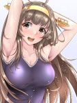  1girl ahoge alternate_eye_color armpits arms_behind_back arms_behind_head black_swimsuit breasts brown_eyes brown_hair cleavage collarbone competition_school_swimsuit double_bun gradient gradient_background hairband headgear kantai_collection kongou_(kantai_collection) long_hair looking_at_viewer medium_breasts open_mouth purple_background remodel_(kantai_collection) shohei_(piranha5hk) smile solo sparks swimsuit upper_body water_drop white_background 