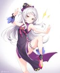  1girl absurdres alternate_costume breasts china_dress chinese_clothes commentary_request curcumin dress hat highres hololive leg_up murasaki_shion pose silver_hair small_breasts smug solo virtual_youtuber white_background yellow_eyes 