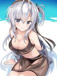  bikini black_bikini black_headband black_skirt breasts cleavage clothes_writing commentary_request fathom front-tie_top grey_eyes grey_jacket headband highres jacket kantai_collection leaning_forward long_hair looking_at_viewer medium_breasts one_side_up see-through_skirt silver_hair skirt suzutsuki_(kantai_collection) swimsuit 