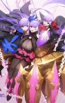  3girls :t ;d bangs bare_shoulders bb_(fate)_(all) bb_(fate/extra_ccc) black_legwear blue_eyes blue_ribbon blush boots bow breasts chain claws cleavage eyebrows_visible_through_hair fate/grand_order fate_(series) gloves hair_ribbon highres huge_breasts long_hair long_sleeves looking_at_viewer meltryllis multiple_girls no-kan o-ring o-ring_top one_eye_closed open_mouth pantyhose passionlip pink_eyes purple_eyes purple_hair red_ribbon ribbon skirt sleeves_past_fingers sleeves_past_wrists smile very_long_hair white_gloves 