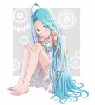  1girl adjusting_hair ahoge aoyagi_(ao0701yagi) barefoot blue_eyes blue_hair choker closed_mouth collarbone dress eyebrows_visible_through_hair granblue_fantasy grey_background hair_intakes halterneck highres long_hair looking_at_viewer lyria_(granblue_fantasy) shiny shiny_hair short_dress sleeveless sleeveless_dress smile solo thighlet toenail_polish very_long_hair white_background white_choker white_dress white_nails 