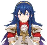  1girl blue_eyes blue_hair breastplate caeda_(fire_emblem) caeda_(fire_emblem)_(cosplay) closed_mouth cosplay elbow_gloves fire_emblem fire_emblem:_mystery_of_the_emblem fire_emblem_awakening gloves hands_clasped long_hair lucina_(fire_emblem) own_hands_together simple_background smile solo tiara umaguti upper_body white_background white_gloves 