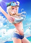  1girl armpits arms_up bangs baseball_cap bikini blonde_hair blue_eyes blush breasts hachimiya_meguru hat highres idolmaster idolmaster_shiny_colors large_breasts long_hair looking_at_viewer micro_shorts navel open_mouth outdoors revision shorts sidelocks smile solo stomach swimsuit testame 