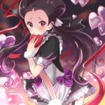  1girl balloon blush bow do--love double_bun dress_bow frills heart highres holding_heart looking_at_viewer maid pokemon purple_bow red_eyes red_ribbon ribbon short_sleeves skirt_hold solo standing tsutsuji_(pokemon) twintails wrist_cuffs 