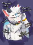  2018 aldy_(aldyderg) aldyderg anthro blep blue_markings blush collar colored compliment digital_drawing_(artwork) digital_media_(artwork) dragon english_text fur furred_dragon good_boy happy horn kuttoyaki male markings portrait simple_background solo text tongue tongue_out white_body white_fur 