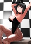  1girl animal_ears armpits arms_up black_eyes black_hair black_leotard black_neckwear breasts brown_legwear bunny_ears bunny_girl bunny_tail bunnysuit checkered checkered_background cleavage commentary_request cosaten cowboy_shot fishnet_legwear fishnets highres large_breasts leotard looking_at_viewer pantyhose school_rumble short_hair sitting solo strapless strapless_leotard suou_mikoto table tail wrist_cuffs 