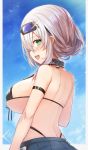  1girl :d arm_belt bikini black_bikini blue_sky breasts day from_behind goggles goggles_on_head green_eyes highleg highleg_bikini highres hololive large_breasts looking_at_viewer looking_back mou_tama_maru open_mouth pleated_skirt shirogane_noel short_hair silver_hair skirt sky smile solo swimsuit upper_body virtual_youtuber 