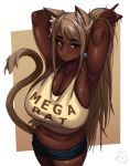  1girl adjusting_hair animal_ears armpits arms_behind_head arms_up belly blue_earrings breasts cleavage clothes_writing curvy dark_skin grey_hair highres huge_breasts kevbot long_hair love_handles mega_milk meme_attire mole mole_under_eye mouse_ears mouse_girl mouse_tail muffin_top original pinky_out ponytail red_eyes short_shorts shorts solo standing sweat tail tank_top tying_hair 