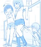  +++ 1boy 2girls :d bangs bare_shoulders between_breasts blue_theme blush breasts closed_eyes clothes_writing escalator eyebrows_visible_through_hair fujisaka_lyric indoors monochrome multiple_girls open_mouth original shirt shoes short_shorts short_sleeves shorts skirt small_breasts smile socks standing strap_between_breasts sweat tank_top twintails 