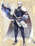  1boy argyle_cape armor axe cape dairoku_youhei full_body gauntlets gloves grey_eyes hair_between_eyes high_heels holding holding_axe looking_at_viewer male_focus morino_bambi simple_background solo standing weapon white_cape white_hair 