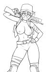  1girl absurdres baseball_cap belt blush breasts cheesestyx english_commentary fio_germi glasses gloves gun hat highres jacket knee_pads large_breasts metal_slug monochrome naked_belt naked_jacket navel nipples nude ponytail pussy smile solo weapon work_in_progress 
