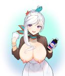  1girl :d bangs blue_background bottle bracelet bralines breasts breasts_outside brown_shirt cleavage ett01024 gloves hair_bun hair_ornament highres holding holding_bottle jewelry large_breasts last_origin neckerchief nipples open_clothes open_mouth open_shirt purple_eyes shirt single_sidelock skirt smile swept_bangs white_gloves white_hair white_skirt 