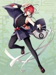  1boy bishounen black_legwear brown_eyes dairoku_youhei fan folding_fan full_body green_background holding holding_fan holding_mask jewelry looking_at_viewer mask mask_removed morino_bambi mouth_hold necklace red_hair sandals simple_background wide_sleeves 