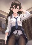  1girl bangs black_legwear breasts brown_hair collared_shirt earrings iya_na_kao_sare_nagara_kozukuri_sasete_moraitai jacket jewelry long_hair long_sleeves looking_at_viewer miru_tights mole mole_under_eye necklace necktie nurumi panties panties_under_pantyhose pantyhose school_uniform shirt skirt skirt_lift solo stud_earrings thighband_pantyhose underwear white_shirt 