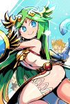  &gt;_&lt; 2boys 2girls black_hair blonde_hair blue_eyes breasts brown_hair chibi clenched_hand closed_eyes dark_pit from_side goddess green_hair highres holding holding_shield holding_staff kid_icarus kid_icarus_uprising looking_at_viewer multiple_boys multiple_girls nachure palutena pit_(kid_icarus) raised_fist rariatto_(ganguri) shield sideboob solo_focus staff thighhighs 