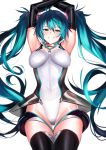  1girl absurdres aqua_eyes aqua_hair armpits arms_up bangs bare_shoulders blush boots breasts elbow_gloves gloves grin groin hatsune_miku headphones highres leotard long_hair looking_at_viewer medium_breasts race_queen racing_miku racing_miku_(2011) sidelocks sleeveless smile solo thigh_boots thighhighs twintails ulrich_(tagaragakuin) very_long_hair vocaloid 