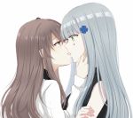  2girls bangs black_sweater blue_hair brown_eyes brown_hair girls_frontline green_eyes hk416_(girls_frontline) kiss lips long_hair looking_at_another multiple_girls shirt sui_(camellia) sweater ump45_(girls_frontline) white_background white_shirt yuri 