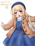  1girl artist_logo beret blonde_hair blue_dress blue_eyes blue_headwear brown_coat coat dated dress english_commentary hat highres jervis_(kantai_collection) kantai_collection kotowari_(newtype_kenkyuujo) looking_at_viewer outstretched_arms simple_background smile solo twitter_username white_background 
