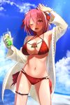  1girl ;d ahoge arm_up bandaged_arm bandages bare_shoulders bikini blue_sky blurry blurry_background blush breasts bun_cover cleavage cloud cup day double_bun drink drinking_straw floral_print flower greenkohgen hair_between_eyes hair_intakes highres holding holding_cup ibaraki_kasen large_breasts legs_apart lens_flare looking_at_viewer navel one_eye_closed open_clothes open_mouth open_shirt outdoors pink_eyes pink_flower pink_hair pink_rose red_bikini rose see-through shirt sky smile solo standing stomach summer sweat swimsuit thigh_strap touhou white_shirt 
