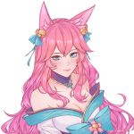  1girl ahri alternate_hair_color animal_ear_fluff animal_ears bell black_choker blue_eyes blue_ribbon blush breasts choker cleavage collarbone commentary eyebrows_visible_through_hair fox_ears fox_girl hair_bell hair_ornament highres kumiho large_breasts league_of_legends lips lipstick makeup off_shoulder ribbon shiro-hane simple_background spirit_blossom_ahri whisker_markings white_background 