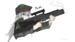  1girl assault_rifle black_eyes g11_(girls_frontline) girls_frontline grey_hair gun h&amp;k_g11 hat highres jacket long_hair looking_away military_hat military_jacket open_mouth rifle rotalasp solo weapon white_background 