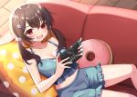  1girl :d bare_arms bare_shoulders black_hair blue_shirt blue_shorts breasts cleavage collarbone couch crop_top game_console hair_ornament hairclip holding itoi_toi long_hair looking_at_viewer medium_breasts midriff navel nintendo_switch on_couch open_mouth original pillow reclining red_eyes shirt shorts sleeveless sleeveless_shirt smile solo spaghetti_strap twintails 