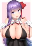  1girl bare_shoulders bb_(fate)_(all) bb_(fate/extra_ccc) black_skirt blush breasts cleavage collarbone fate/extra fate/extra_ccc fate_(series) gloves hair_ribbon high-waist_skirt highres kitajima_yuuki large_breasts long_hair looking_at_viewer neck_ribbon open_mouth purple_eyes purple_hair red_ribbon ribbon skirt smile very_long_hair white_gloves 