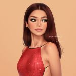  1girl artist_name backless_dress backless_outfit bare_shoulders brown_eyes brown_hair dress earrings evening_gown jewelry long_hair looking_to_the_side orange_background photo-referenced real_life red_dress signature simple_background solo turning_head umigraphics upper_body zendaya 