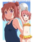  1girl akaza_akari armpits arms_up ass_visible_through_thighs ball beachball bikini bikini_skirt breasts double_bun frilled_bikini frills hair_bun happy_birthday ki_(adotadot) navel one-piece_swimsuit open_mouth purple_eyes red_hair school_swimsuit short_hair small_breasts smile solo swimsuit thigh_gap thighs two_side_up yellow_bikini yuru_yuri 