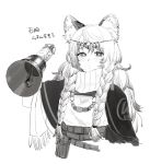  alternate_costume arknights bell braid bright_pupils commentary_request eyebrows_visible_through_hair fluffy greyscale long_hair magazine_pouch monochrome pramanix_(arknights) simple_background suko_mugi translation_request twin_braids white_background white_pupils 