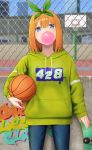  1girl bangs basketball blue_eyes blush bubble_blowing chewing_gum go-toubun_no_hanayome graffiti green_ribbon hair_between_eyes hair_ribbon looking_at_viewer nakano_yotsuba number_pun orange_hair ribbon short_hair skate_park skateboard solo sweater tsuchifumazu 