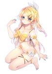  1girl absurdres anklet bangs barefoot bikini blonde_hair blue_nails blush bow breasts cleavage collarbone earrings expressionless full_body hair_bow hair_ornament hairclip hand_up highres jewelry kagamine_rin long_hair looking_at_viewer nail_polish sapphire_(ema-n) shoulder_strap solo swept_bangs swimsuit thigh_strap toenail_polish vocaloid white_background white_bow yellow_bow 
