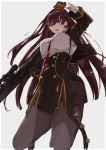  1girl black_gloves black_jacket black_legwear black_skirt breasts bullpup eyebrows_visible_through_hair from_below girls_frontline gloves gun highres jacket long_hair looking_at_viewer medium_breasts necktie open_mouth pantyhose purple_hair red_eyes red_neckwear rifle rotalasp shirt skirt sniper_rifle solo thighhighs wa2000_(girls_frontline) walther walther_wa_2000 weapon white_background white_shirt 
