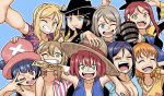  6+girls aqours_pirates_desire candy cosplay food hat highres koaranin1128 kunikida_hanamaru kurosawa_dia kurosawa_ruby lollipop love_live! love_live!_sunshine!! matsuura_kanan monkey_d_luffy monkey_d_luffy_(cosplay) multiple_girls nami_(one_piece) nami_(one_piece)_(cosplay) nico_robin nico_robin_(cosplay) noppo_bread ohara_mari one_eye_closed one_piece parody sakurauchi_riko straw_hat style_parody takami_chika tankard teeth_hold tony_tony_chopper tony_tony_chopper_(cosplay) tsushima_yoshiko upper_body 