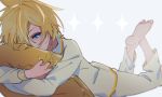  1boy barefoot blonde_hair blue_eyes feet_up half-closed_eyes kagamine_len lying male_hand motu0505 on_stomach pajamas pillow pillow_hug solo spiked_hair vocaloid white_pajamas 