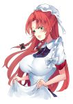  1girl alternate_costume apron apron_hold aqua_eyes bow braid breasts deetamu enmaided hair_bow hat highres hong_meiling long_hair maid maid_apron mob_cap open_mouth red_hair short_sleeves simple_background solo touhou twin_braids upper_body white_apron white_background 