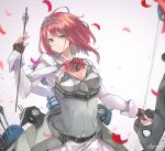  1girl akicosmossakasa ark_royal_(kantai_collection) belt black_belt blue_eyes bow_(weapon) brown_gloves cleavage_cutout corset fingerless_gloves flower gloves hairband highres jacket kantai_collection long_sleeves red_flower red_hair red_ribbon red_rose ribbon rose short_hair solo tiara upper_body weapon white_jacket 